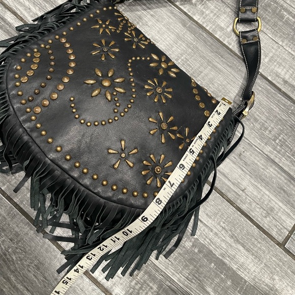 ISABELLA FIORE BLACK LEATHER BRASS STUDDED HOBO BAG FRINGE